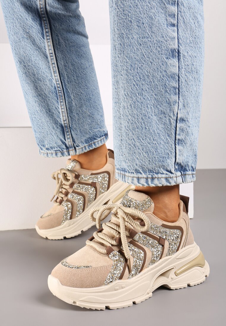 Ciemnobeżowe Sznurowane Sneakersy na Platformie Ozdobione Brokatem Ewla