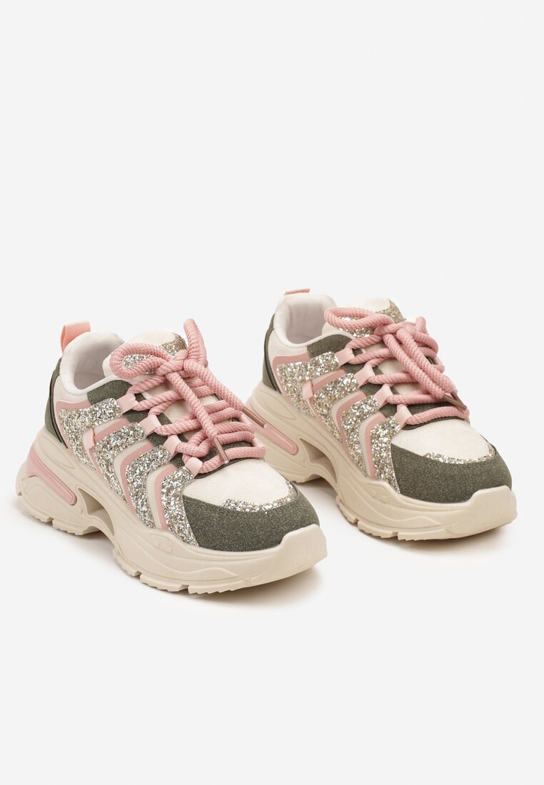 Beżowo-Zielone Sznurowane Sneakersy na Platformie Ozdobione Brokatem Ewla
