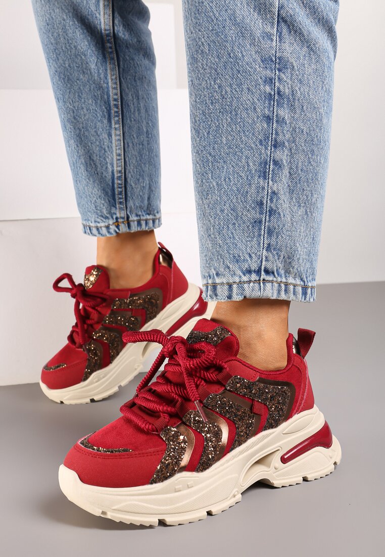Bordowe Sznurowane Sneakersy na Platformie Ozdobione Brokatem Ewla
