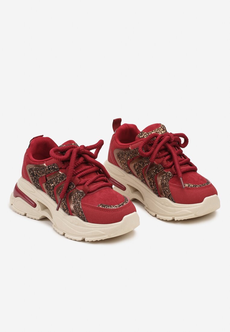 Bordowe Sznurowane Sneakersy na Platformie Ozdobione Brokatem Ewla