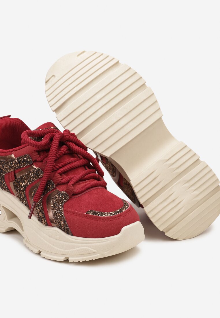 Bordowe Sznurowane Sneakersy na Platformie Ozdobione Brokatem Ewla