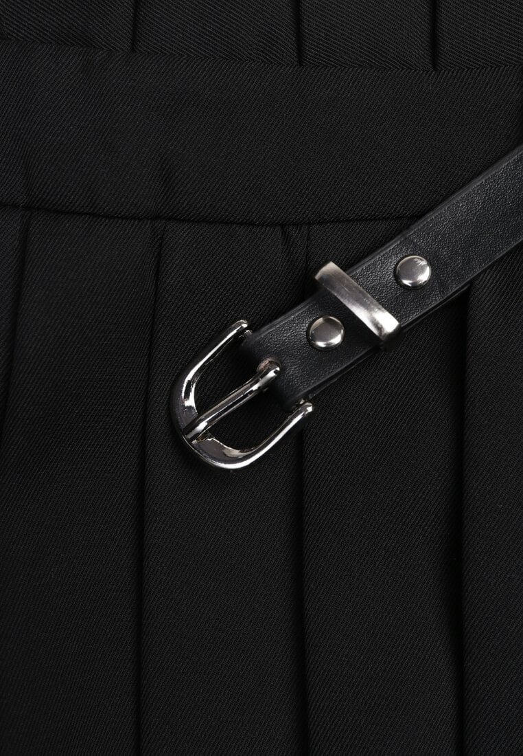 Czarne Spódnico-Szorty Plisowane High Waist Ozdobione Paskiem Eranivia