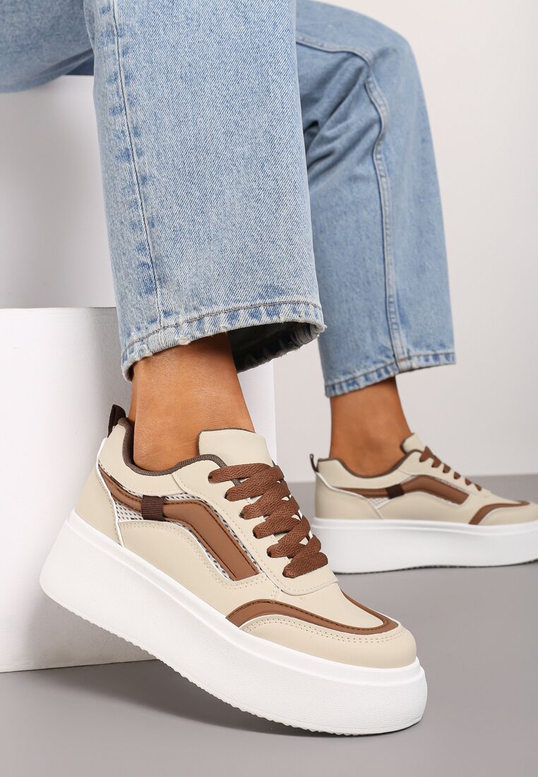 Beżowe Casualowe Sneakersy na Płaskiej Podeszwie Ozdobione Paskami Vlivana