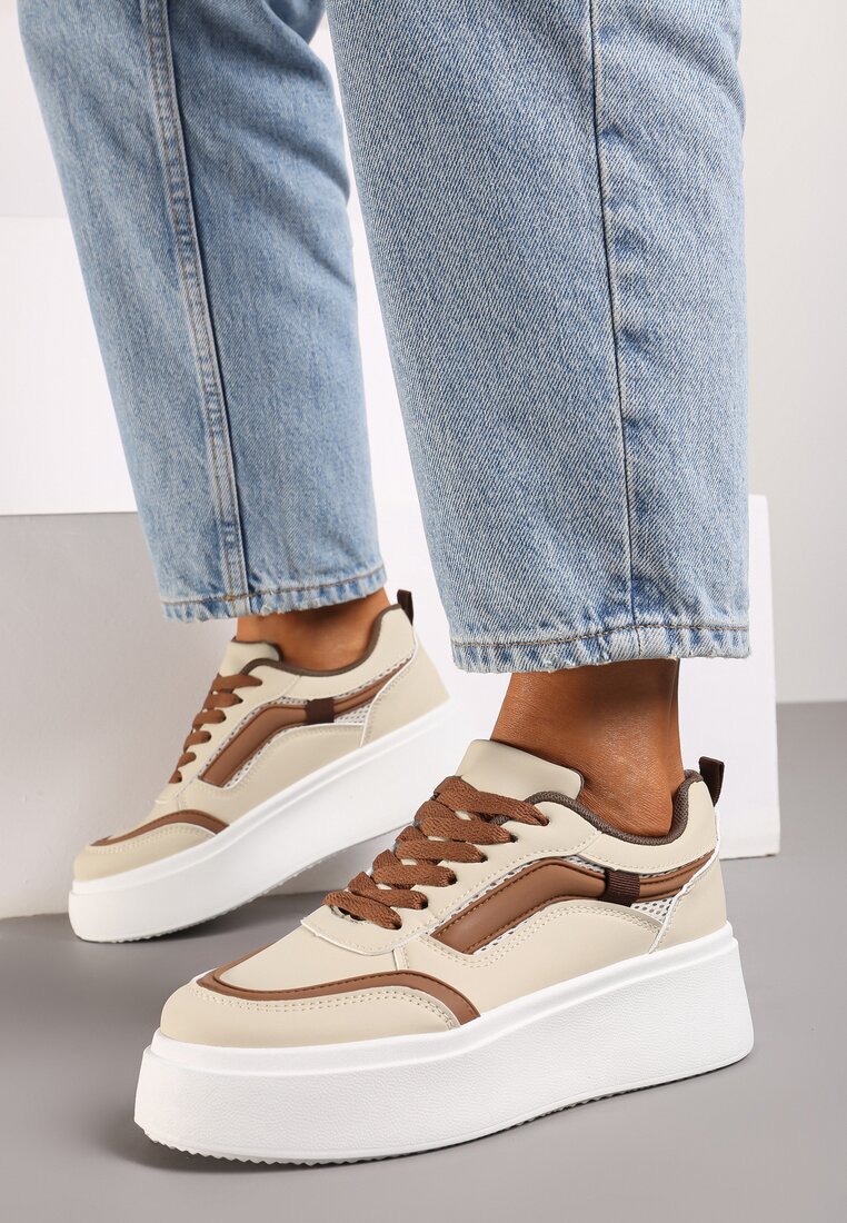 Beżowe Casualowe Sneakersy na Płaskiej Podeszwie Ozdobione Paskami Vlivana