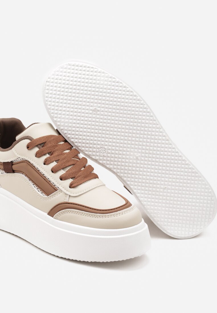 Beżowe Casualowe Sneakersy na Płaskiej Podeszwie Ozdobione Paskami Vlivana