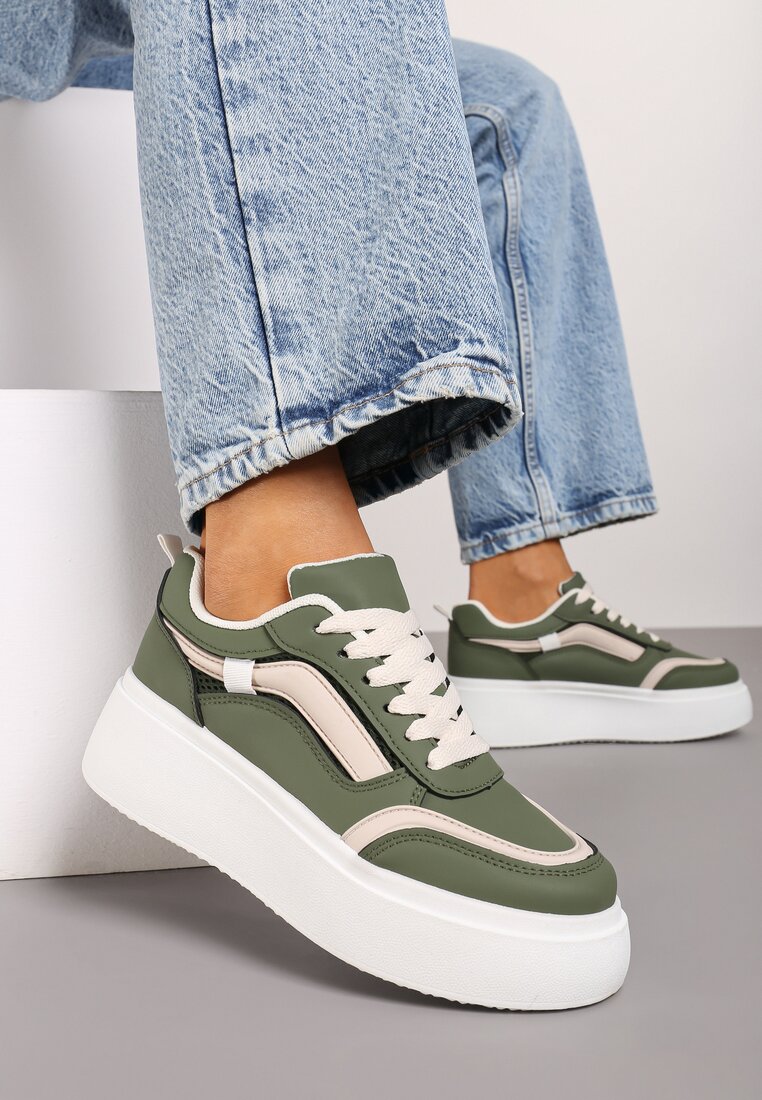 Zielone Casualowe Sneakersy na Płaskiej Podeszwie Ozdobione Paskami Vlivana