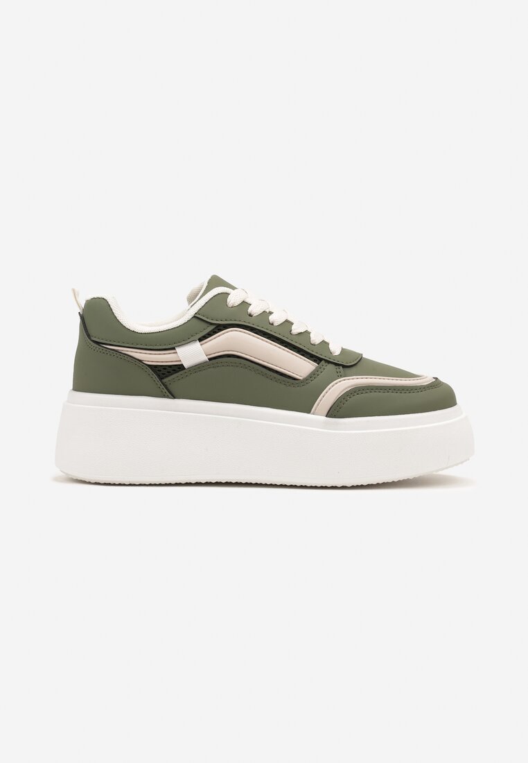 Zielone Casualowe Sneakersy na Płaskiej Podeszwie Ozdobione Paskami Vlivana