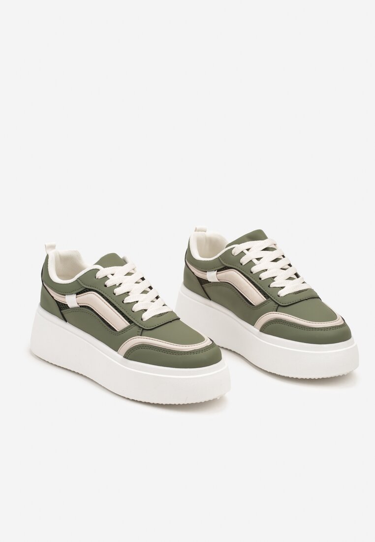 Zielone Casualowe Sneakersy na Płaskiej Podeszwie Ozdobione Paskami Vlivana