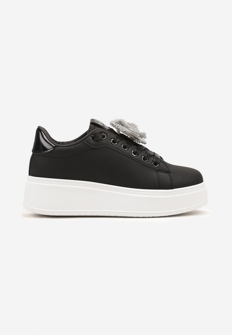 Czarno-Srebrne Sneakersy na Platformie z Aplikacją Kwiatu 3D z Cyrkoniami Navilda