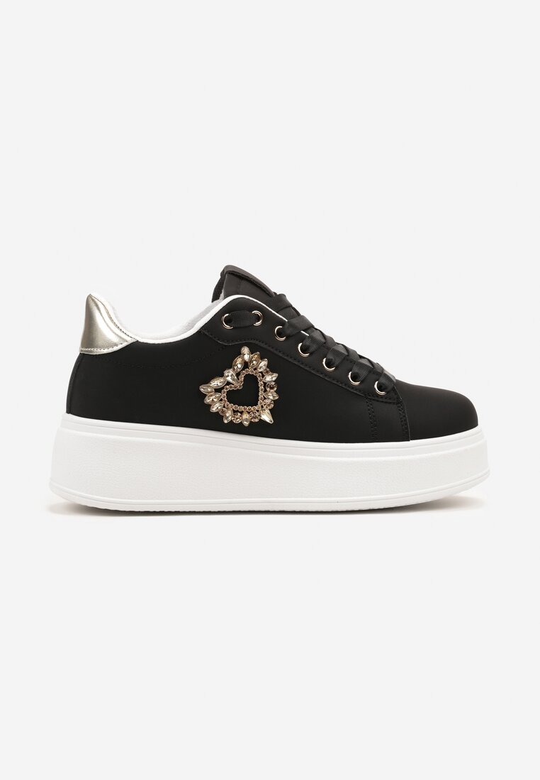 Czarne Sneakersy na Platformie z Aplikacją Serca z Cyrkonii Elisana