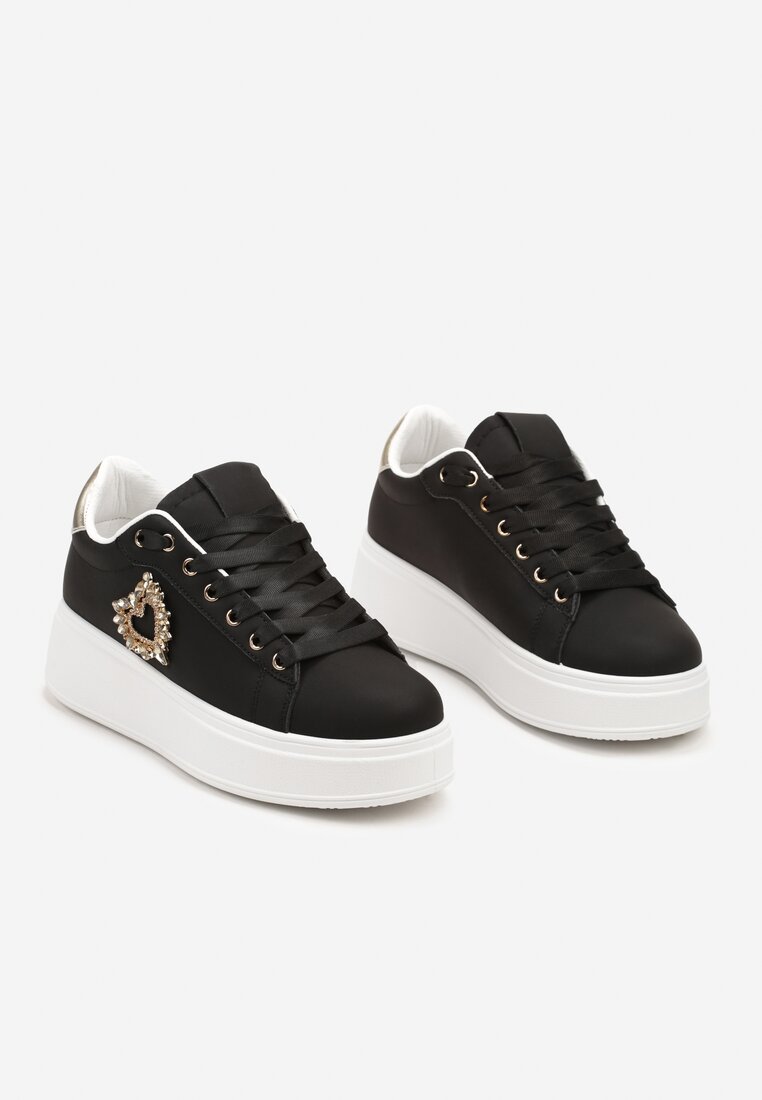 Czarne Sneakersy na Platformie z Aplikacją Serca z Cyrkonii Elisana