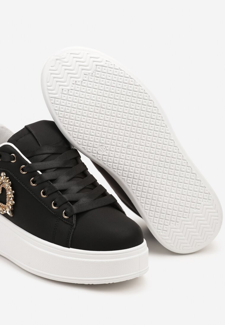 Czarne Sneakersy na Platformie z Aplikacją Serca z Cyrkonii Elisana