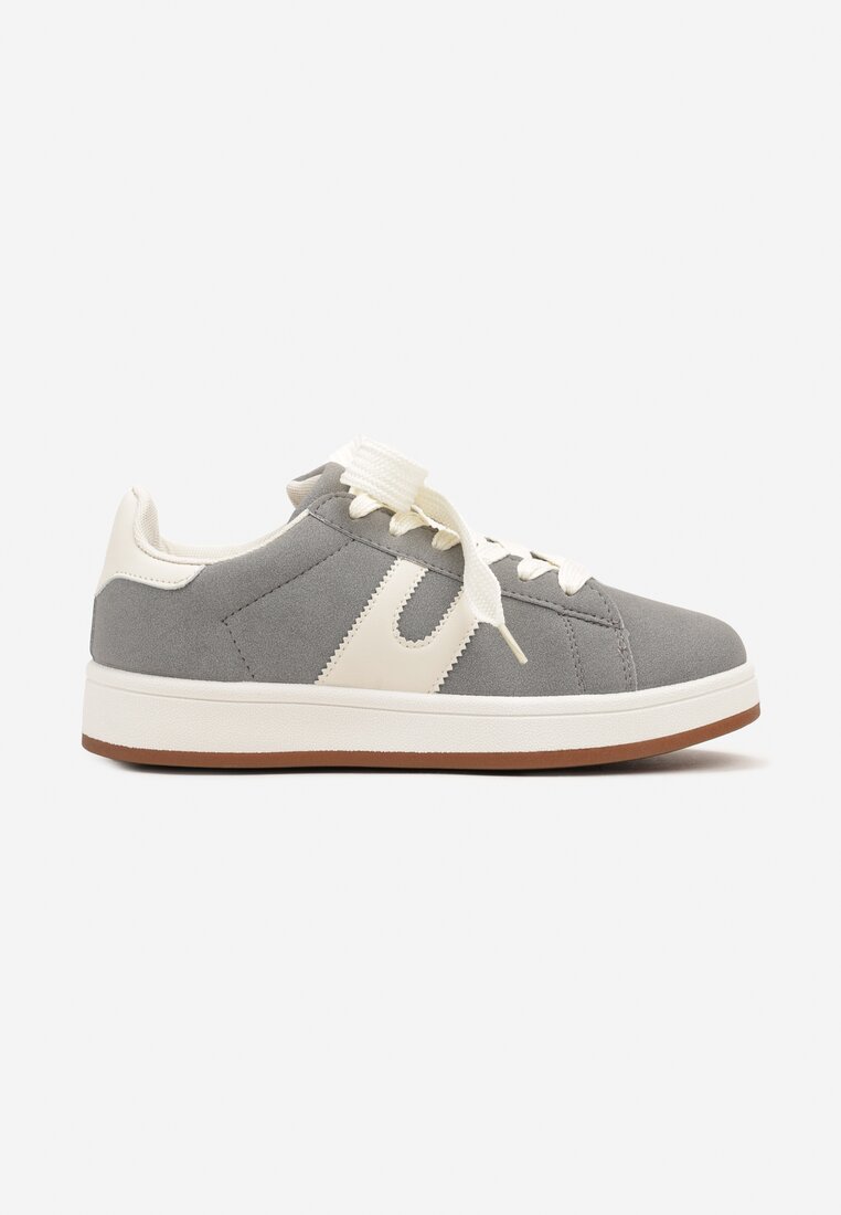 Szare Sznurowane Sneakersy na Płaskie Podeszwie Wykończone Geometrycznym Wzorem Genaria