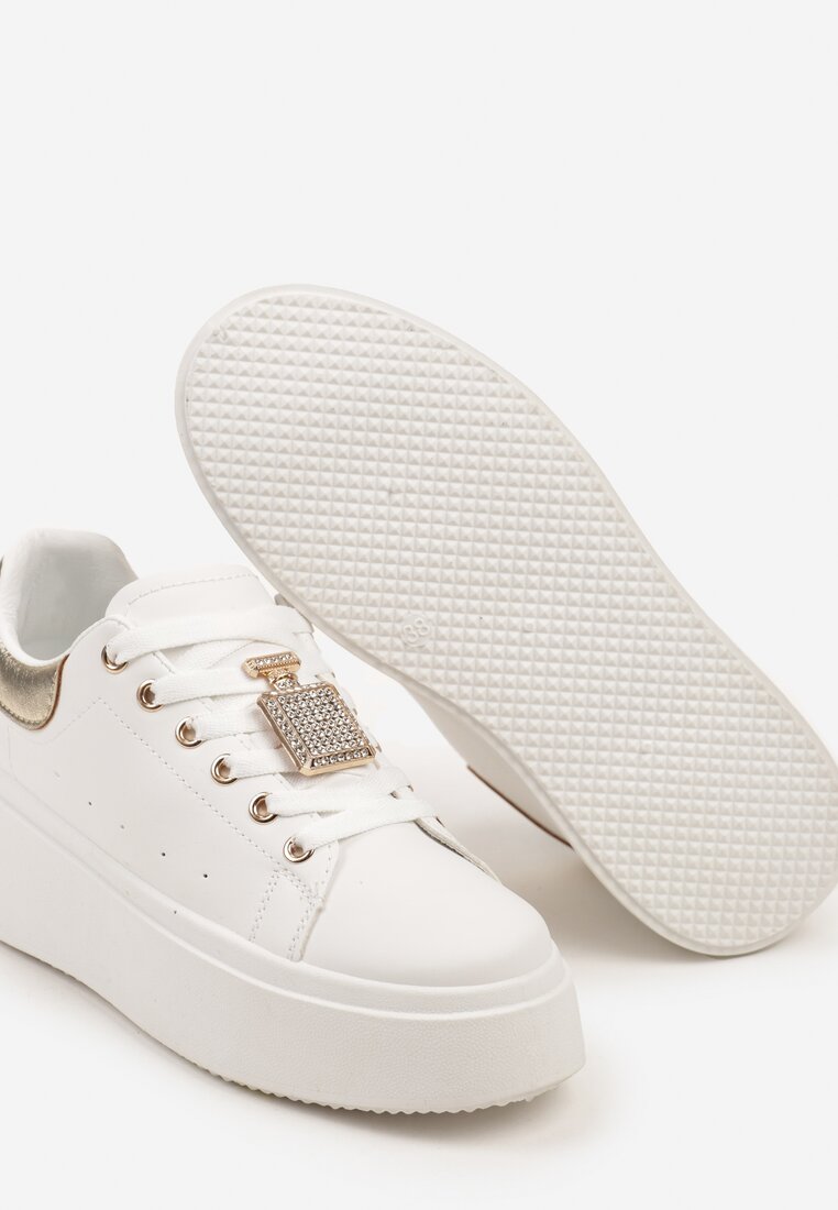 Biało-Złote Sneakersy na Platformie Ozdobione Cyrkoniami i Aplikacją 3D Daneria