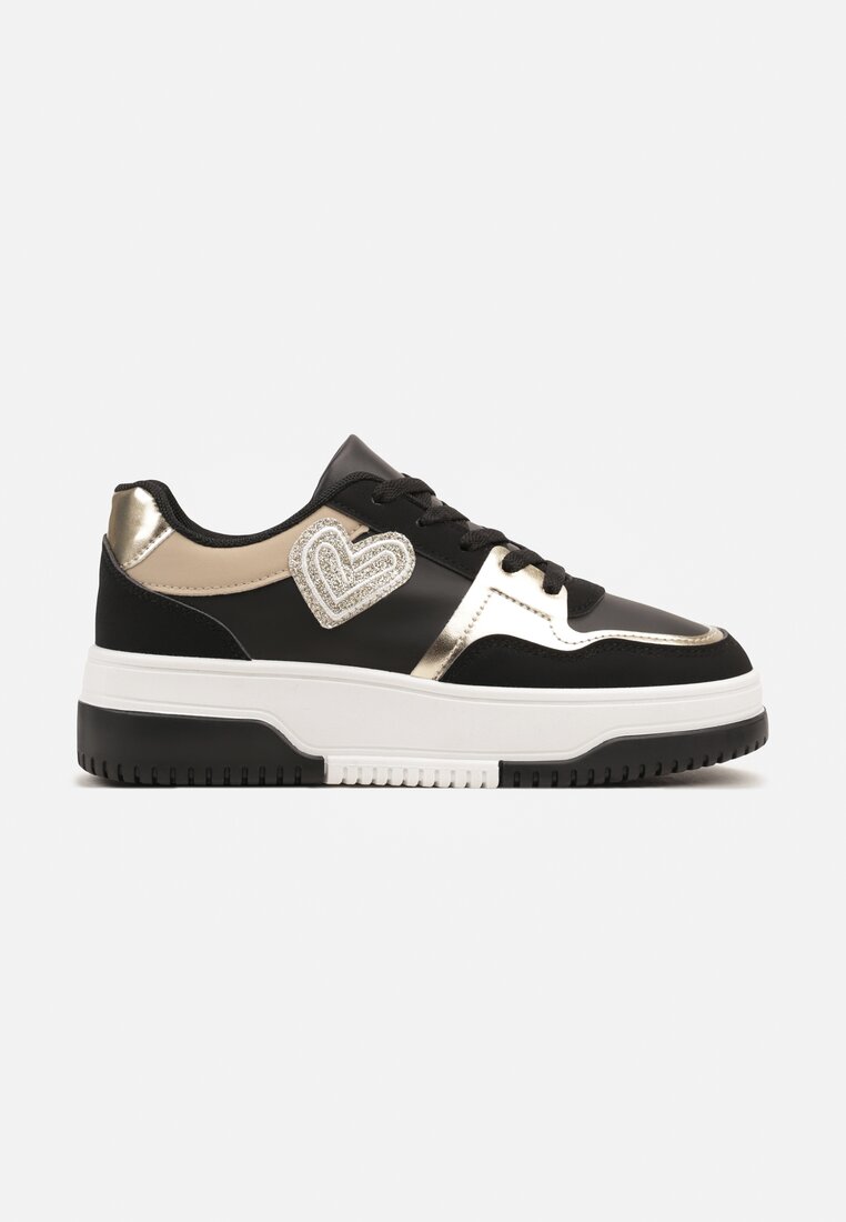 Czarne Sneakersy z Brokatową Naszywką w Kształcie Serca Avioneria