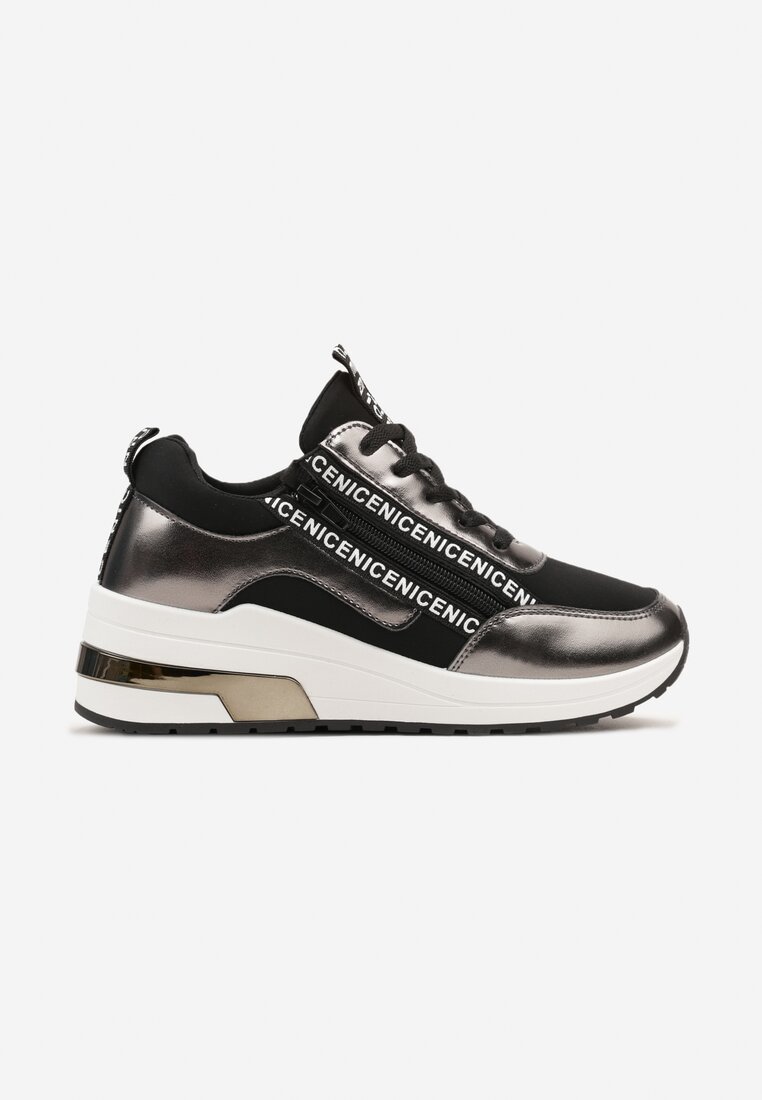 Czarne Sznurowane Sneakersy na Koturnie Ozdobione Suwakiem i Metalicznym Wykończeniem Vlissa