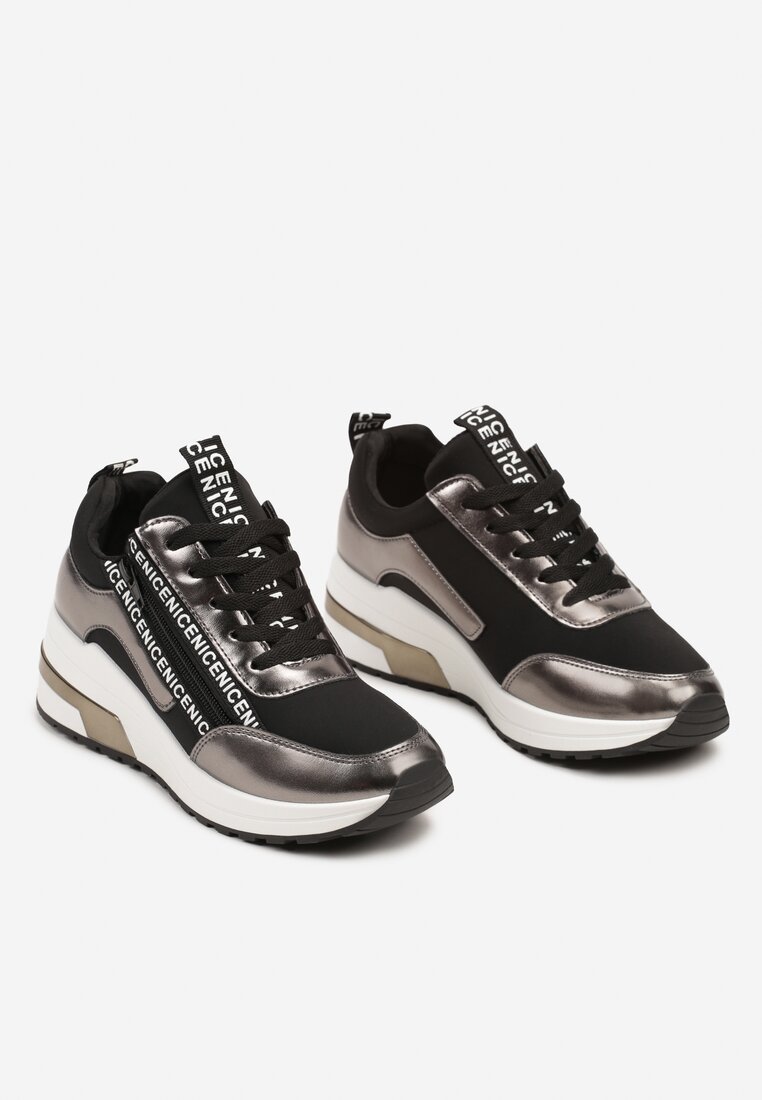 Czarne Sznurowane Sneakersy na Koturnie Ozdobione Suwakiem i Metalicznym Wykończeniem Vlissa
