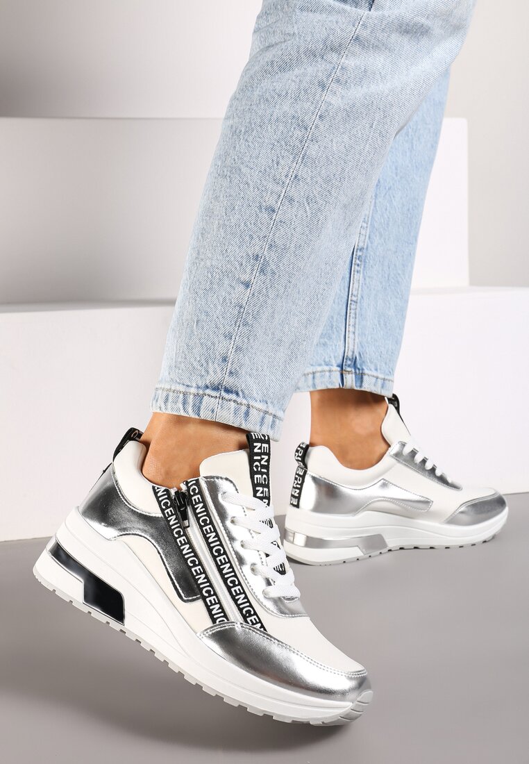 Srebrne Sznurowane Sneakersy na Koturnie Ozdobione Suwakiem i Metalicznym Wykończeniem Vlissa