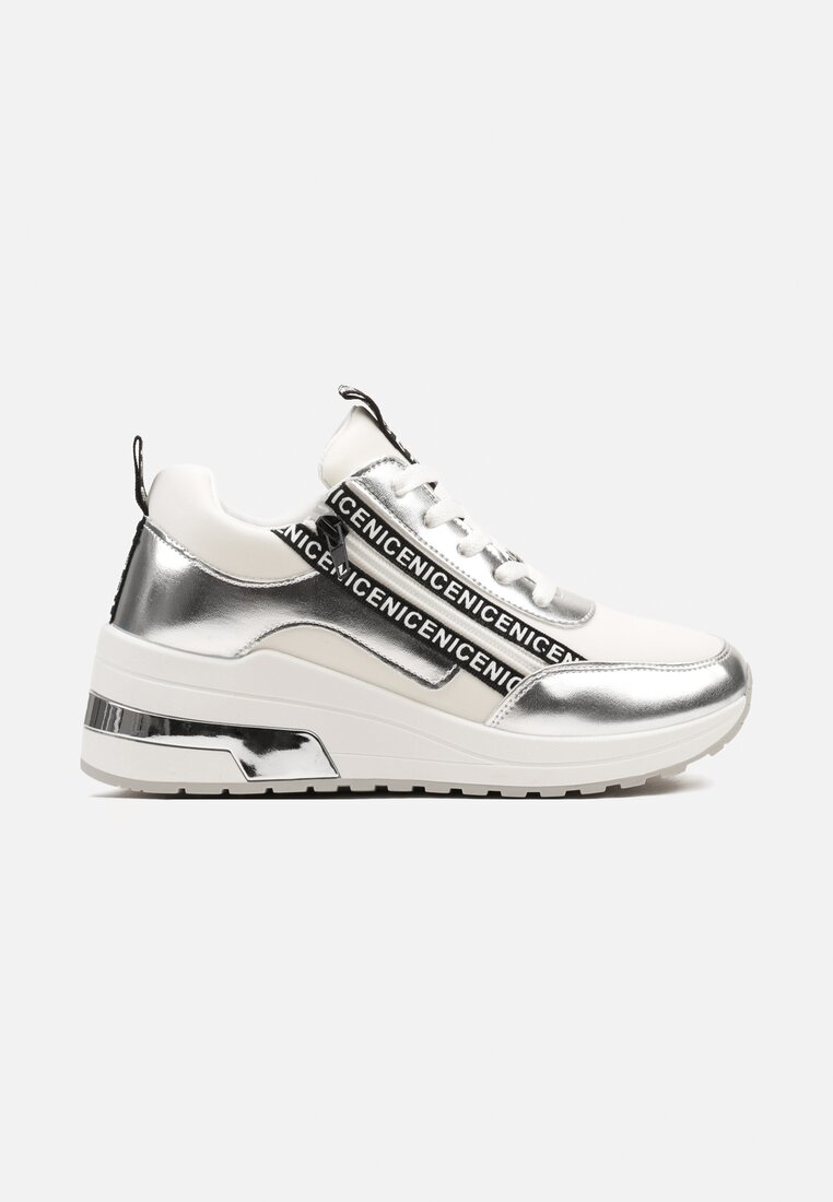 Srebrne Sznurowane Sneakersy na Koturnie Ozdobione Suwakiem i Metalicznym Wykończeniem Vlissa