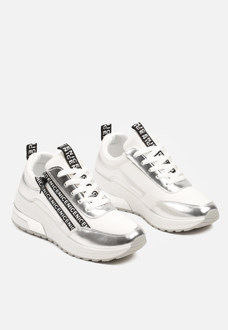 Srebrne Sznurowane Sneakersy na Koturnie Ozdobione Suwakiem i Metalicznym Wykończeniem Vlissa