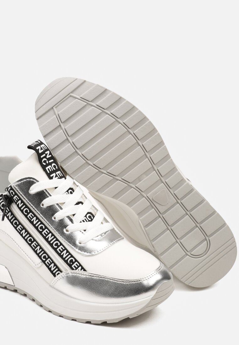 Srebrne Sznurowane Sneakersy na Koturnie Ozdobione Suwakiem i Metalicznym Wykończeniem Vlissa