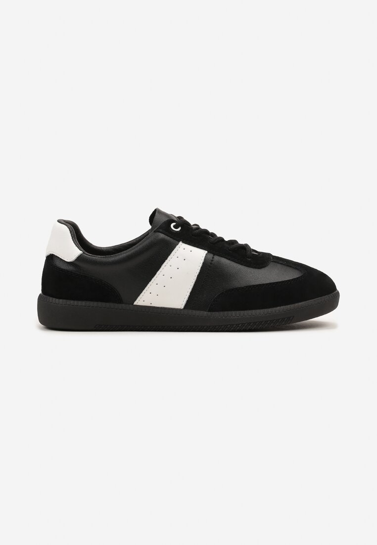 Czarno-Białe Sneakersy na Płaskiej Podeszwie ze Skóry Naturalnej Ozdobione Przeszyciami Milirea