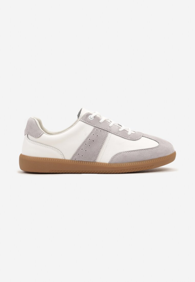 Biało-Szare Sneakersy na Płaskiej Podeszwie ze Skóry Naturalnej Ozdobione Przeszyciami Milirea