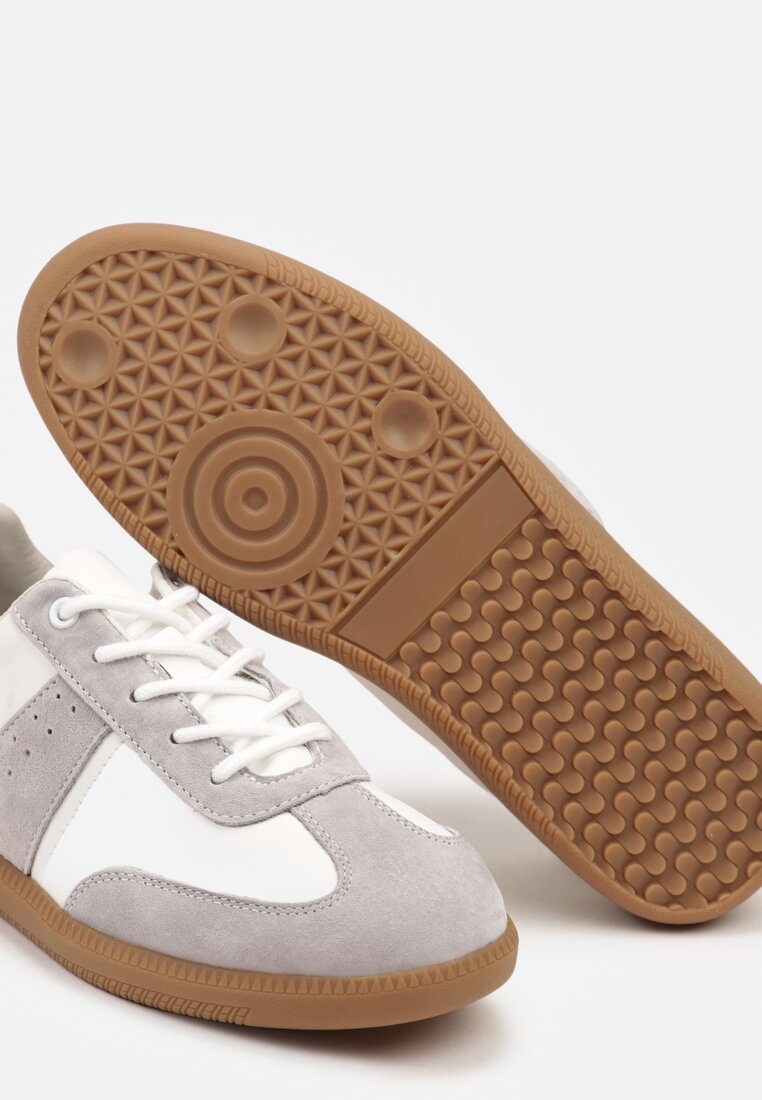 Biało-Szare Sneakersy na Płaskiej Podeszwie ze Skóry Naturalnej Ozdobione Przeszyciami Milirea