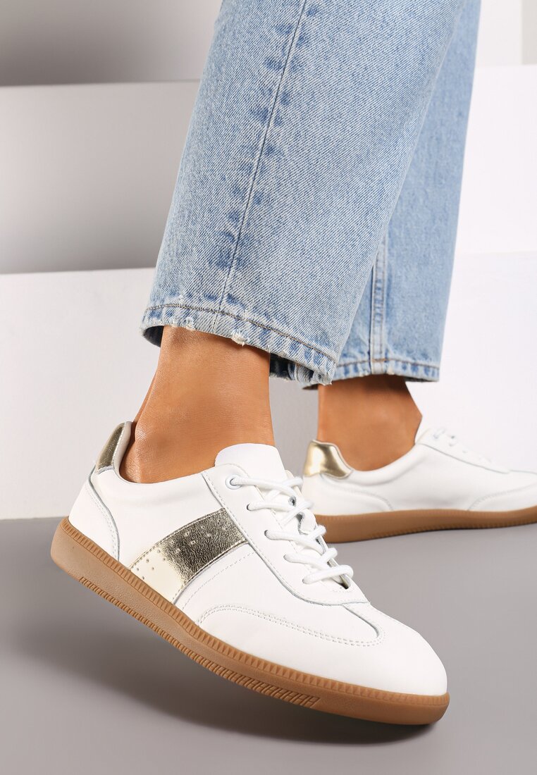 Biało-Złote Sneakersy na Płaskiej Podeszwie ze Skóry Naturalnej Ozdobione Przeszyciami Milirea