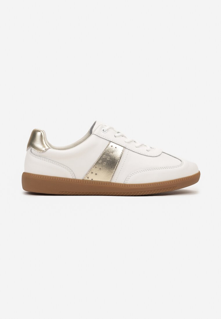 Biało-Złote Sneakersy na Płaskiej Podeszwie ze Skóry Naturalnej Ozdobione Przeszyciami Milirea