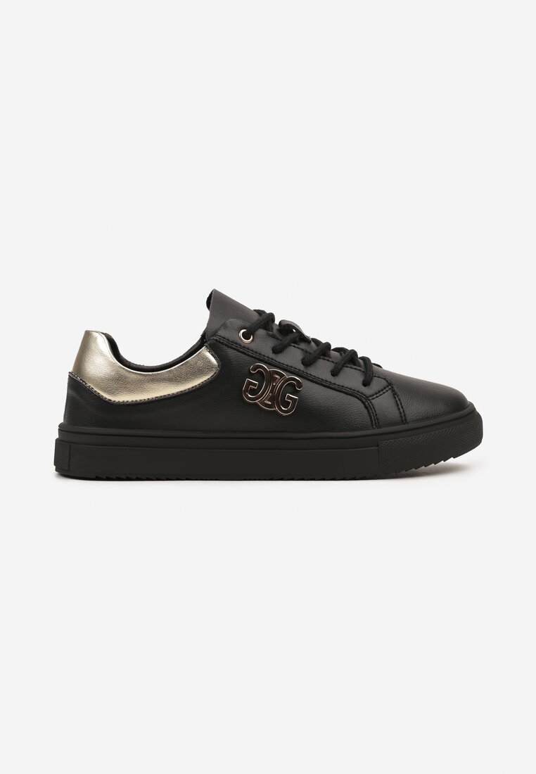 Czarno-Złote Sneakersy na Płaskiej Podeszwie ze Skóry Naturalnej z Aplikacją 3D Milisea