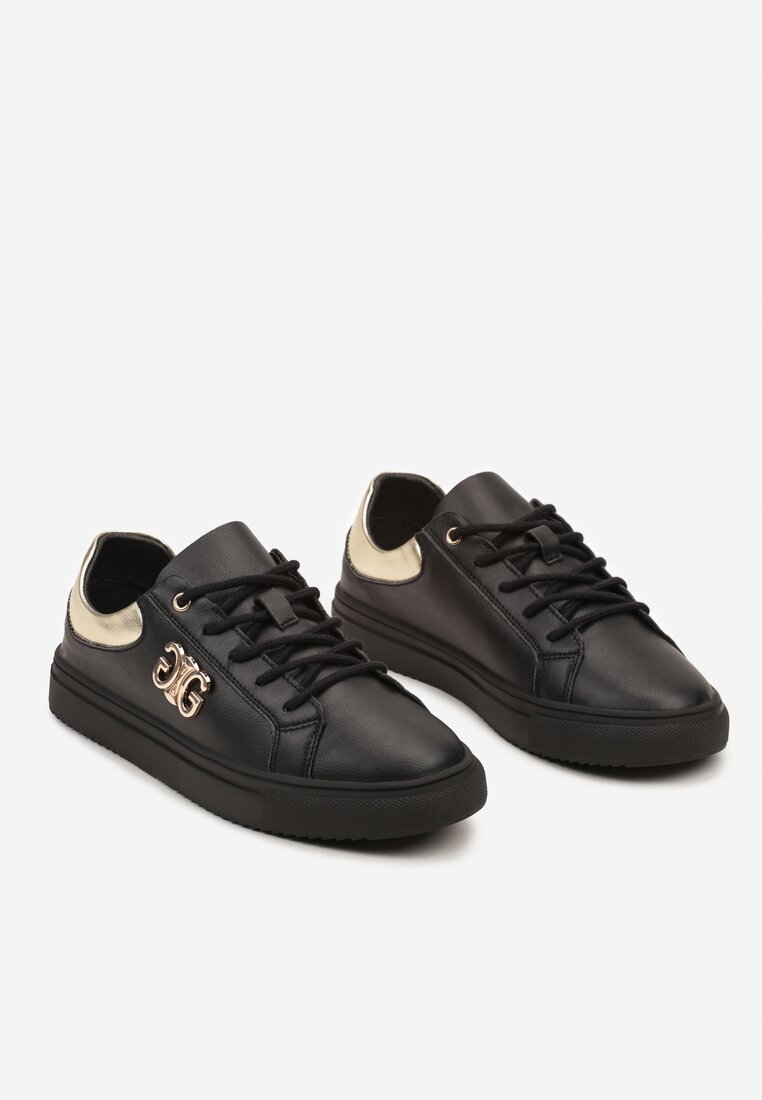 Czarno-Złote Sneakersy na Płaskiej Podeszwie ze Skóry Naturalnej z Aplikacją 3D Milisea