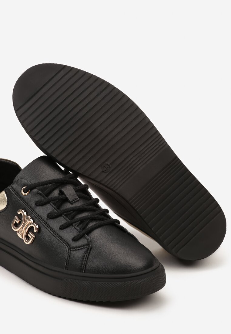 Czarno-Złote Sneakersy na Płaskiej Podeszwie ze Skóry Naturalnej z Aplikacją 3D Milisea
