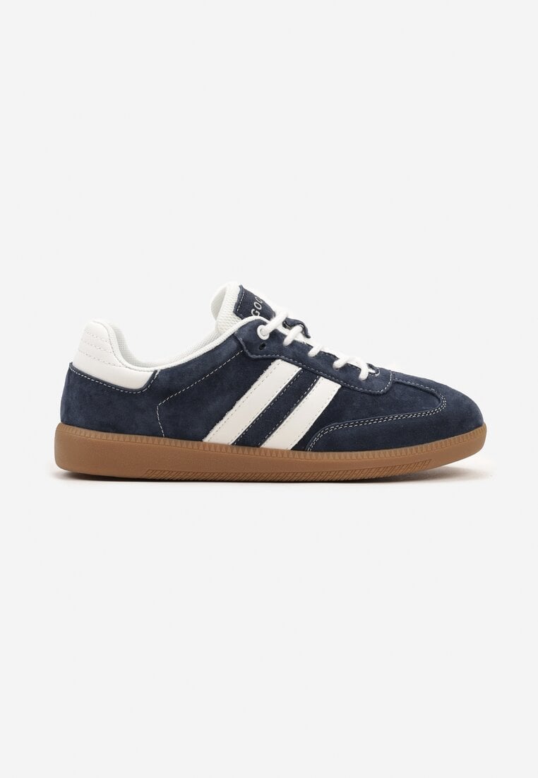 Granatowe Sneakersy ze Skóry Naturalnej na Płaskiej Podeszwie Wykończone Paskami Navinda