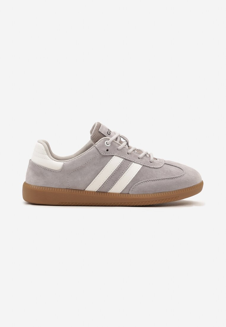 Szare Sneakersy ze Skóry Naturalnej na Płaskiej Podeszwie Wykończone Paskami Navinda