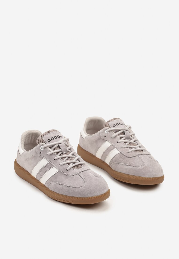 Szare Sneakersy ze Skóry Naturalnej na Płaskiej Podeszwie Wykończone Paskami Navinda