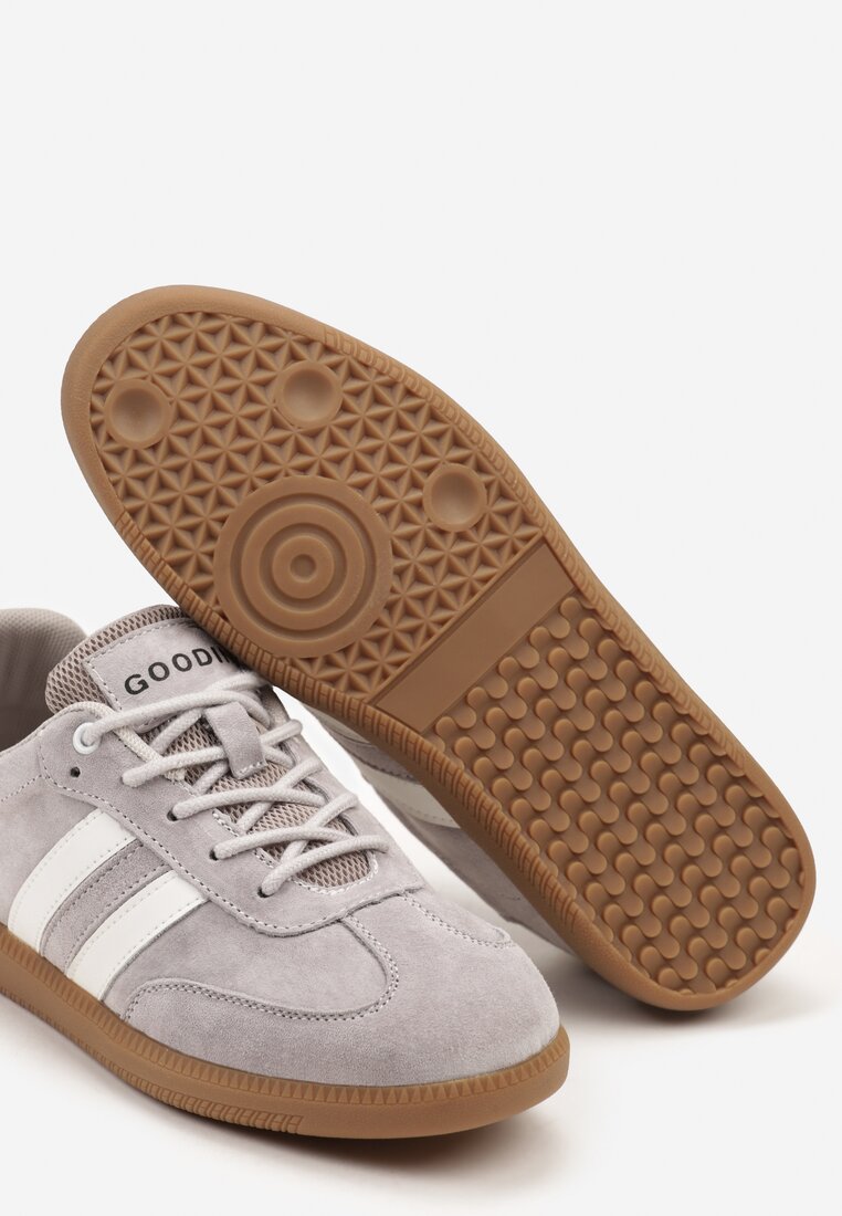 Szare Sneakersy ze Skóry Naturalnej na Płaskiej Podeszwie Wykończone Paskami Navinda