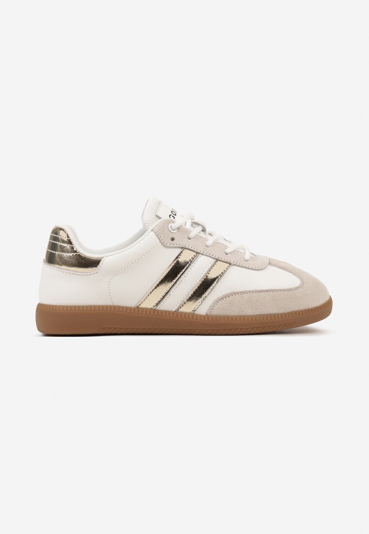 Biało-Złote Sneakersy ze Skóry Naturalnej na Płaskiej Podeszwie Wykończone Paskami Navinda