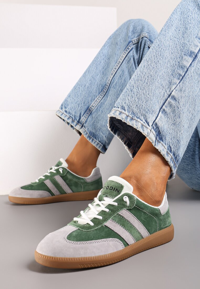 Zielono-Szare Sneakersy ze Skóry Naturalnej na Płaskiej Podeszwie Wykończone Paskami Navinda