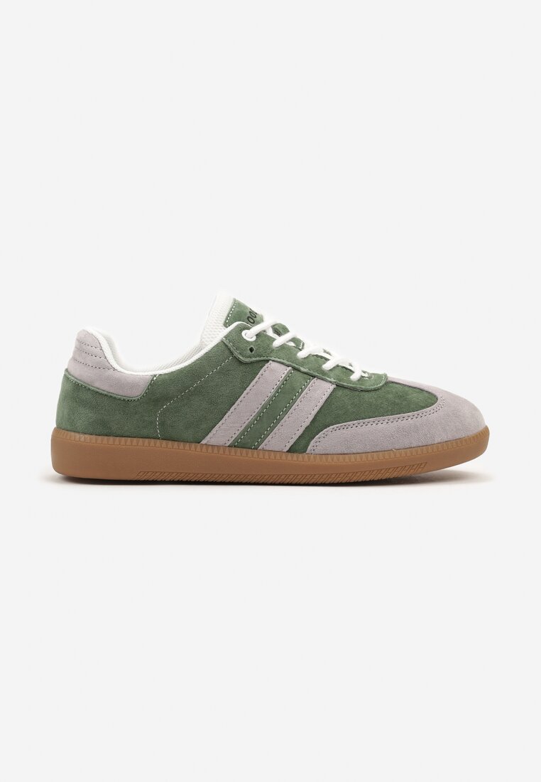 Zielono-Szare Sneakersy ze Skóry Naturalnej na Płaskiej Podeszwie Wykończone Paskami Navinda