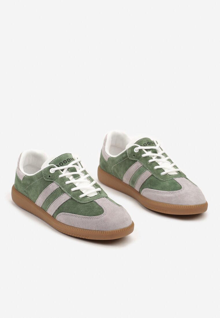 Zielono-Szare Sneakersy ze Skóry Naturalnej na Płaskiej Podeszwie Wykończone Paskami Navinda