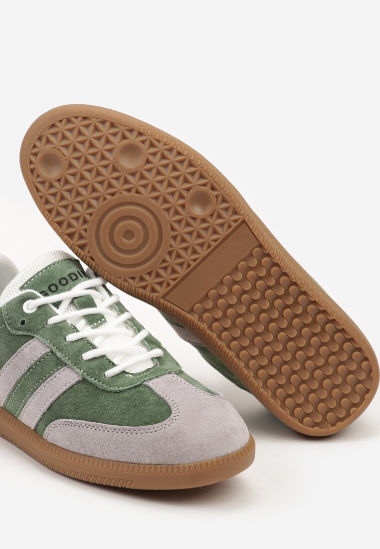 Zielono-Szare Sneakersy ze Skóry Naturalnej na Płaskiej Podeszwie Wykończone Paskami Navinda
