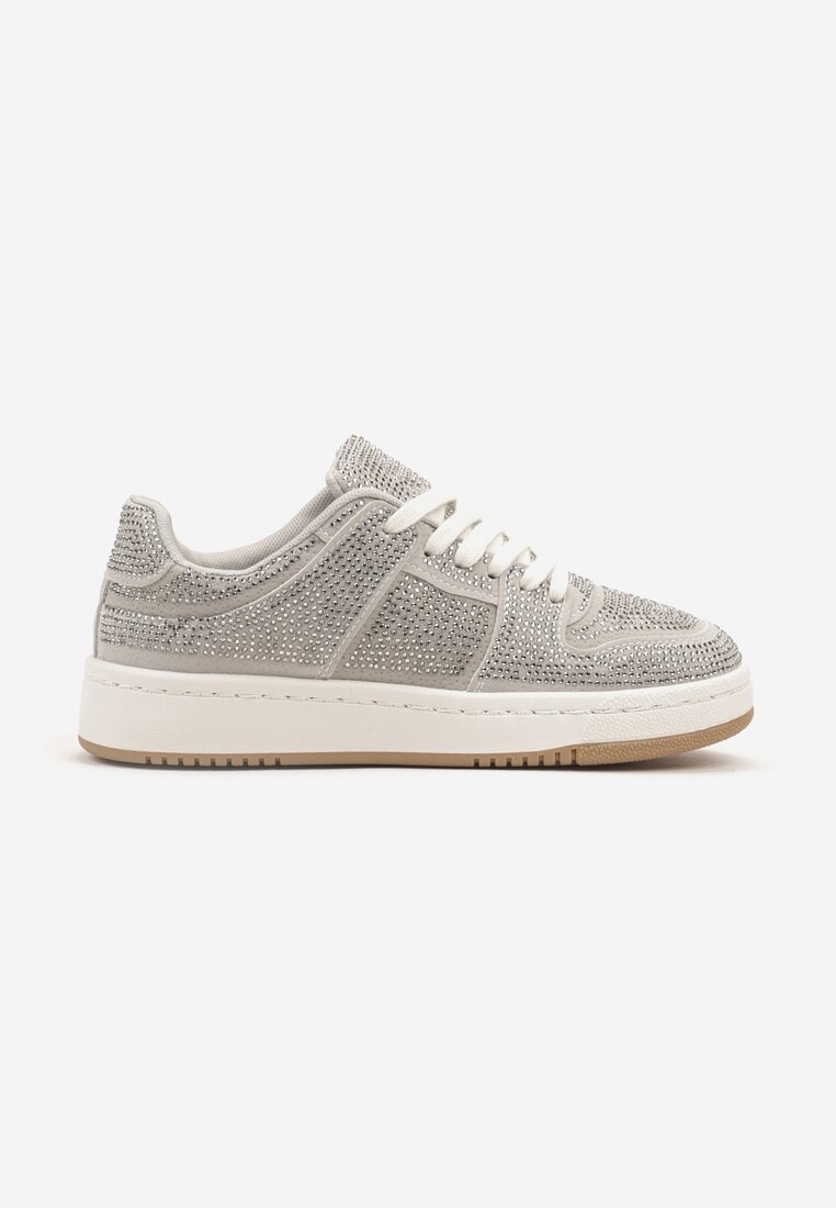 Szare Sneakersy na Płaskiej Podeszwie Wykończone Cyrkoniami Vlisina