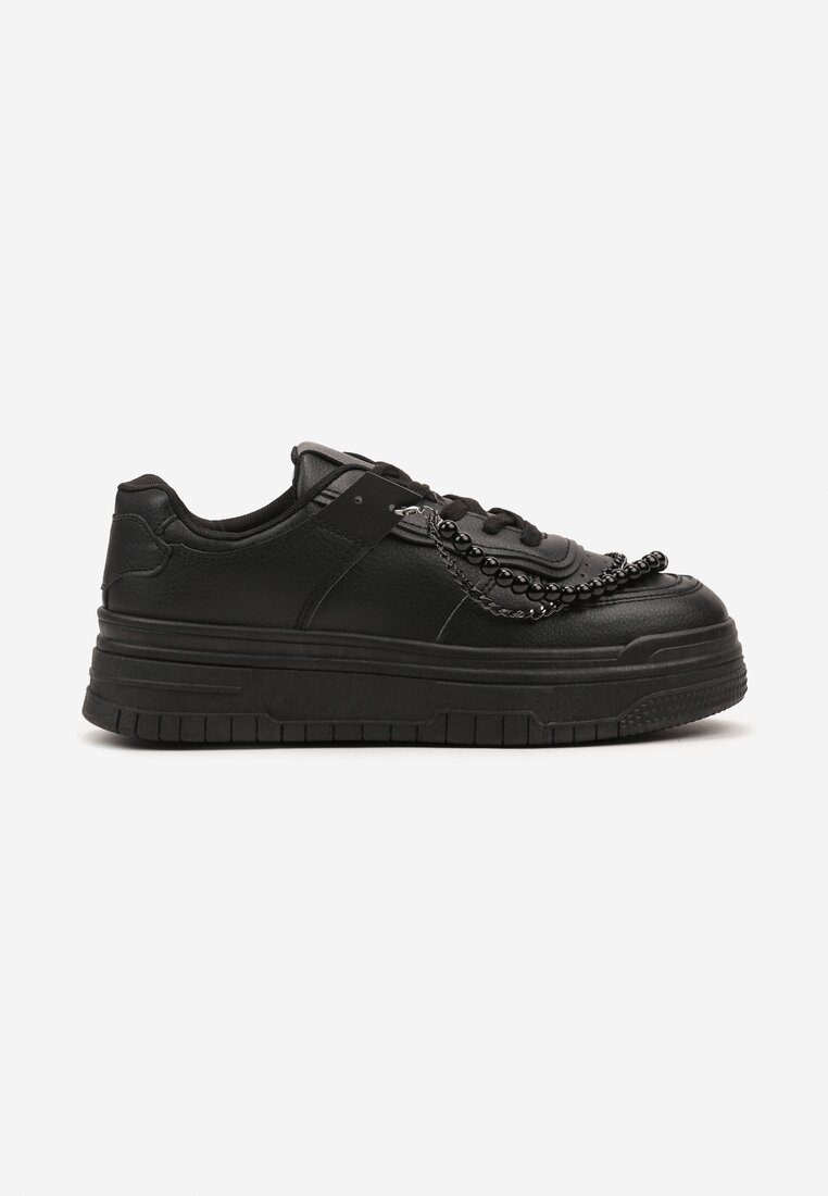 Czarne Sneakersy na Platformie Wykończone Koralikami i Łańcuszkami Milandra