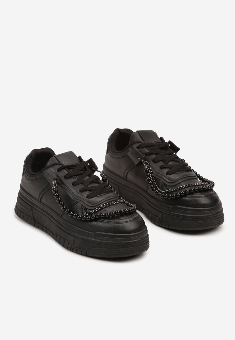 Czarne Sneakersy na Platformie Wykończone Koralikami i Łańcuszkami Milandra