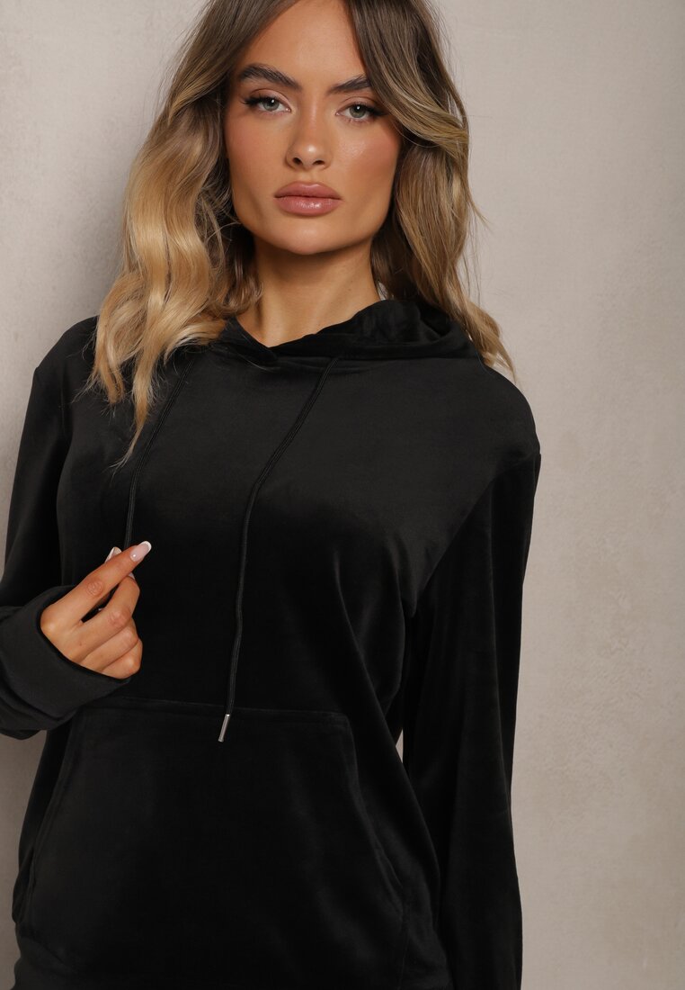 Czarny Komplet Dresowy z Weluru Spodnie z Gumką w Pasie i Bluza z Kapturem Lelaria