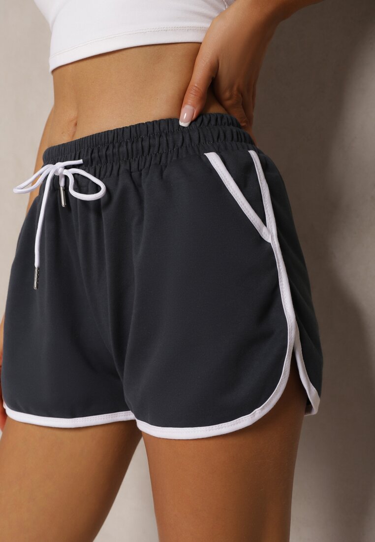 Granatowe Szorty Dresowe z Dodatkiem Bawełny High Waist Wykończone Lamówką Mivorina