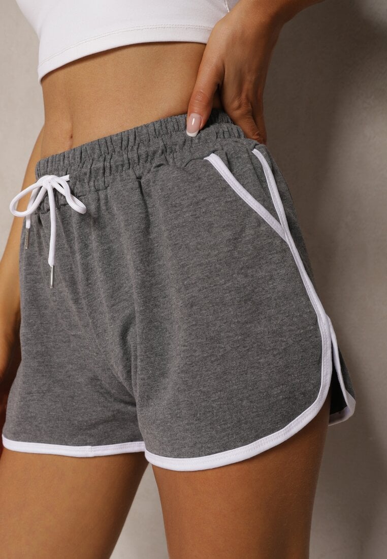 Ciemnoszare Szorty Dresowe z Dodatkiem Bawełny High Waist Wykończone Lamówką Mivorina