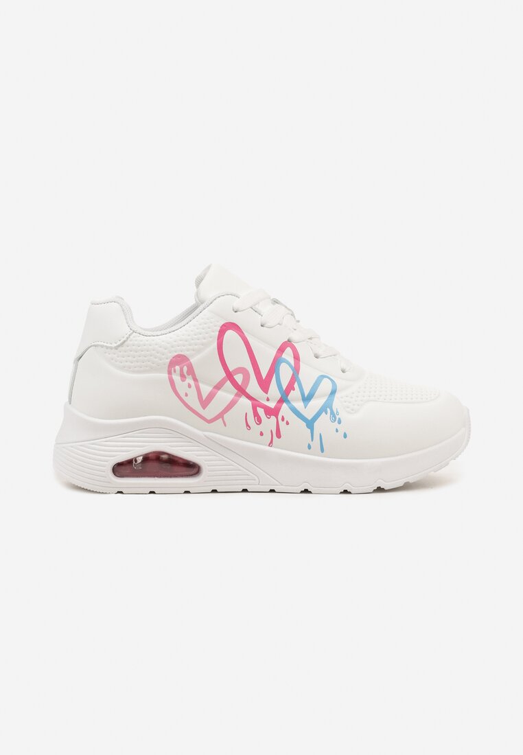 Białe Sneakersy na Płaskiej Podeszwie z Motywem Serc Navalina