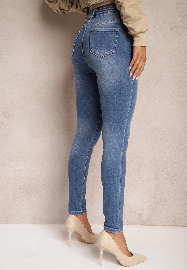 Niebieskie Jeansy Skinny High Waist z Bawełny Ozdobione Podwiniętymi Nogawkami Naviseni